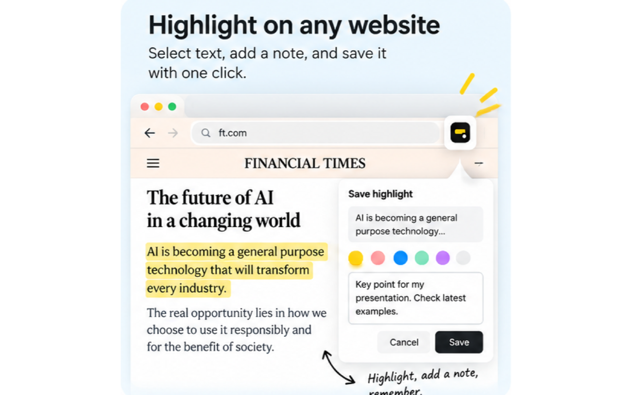 Highlighted Financial Times article with a Save highlight note panel