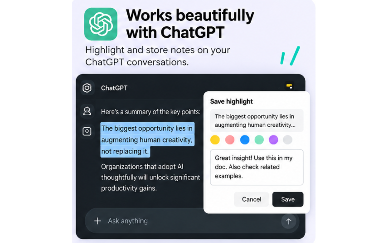 ChatGPT conversation with highlighted text and a Save highlight note panel