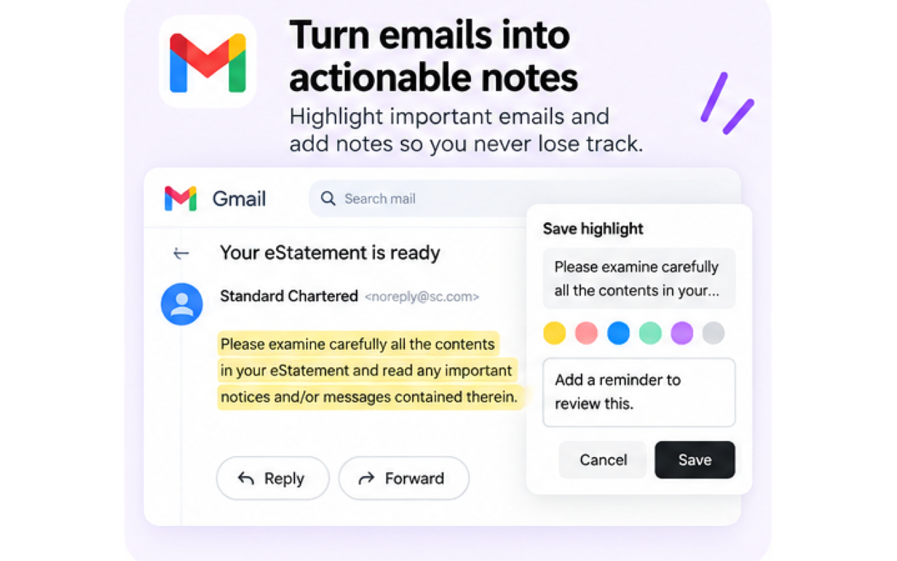Gmail message with highlighted text and a Save highlight note panel