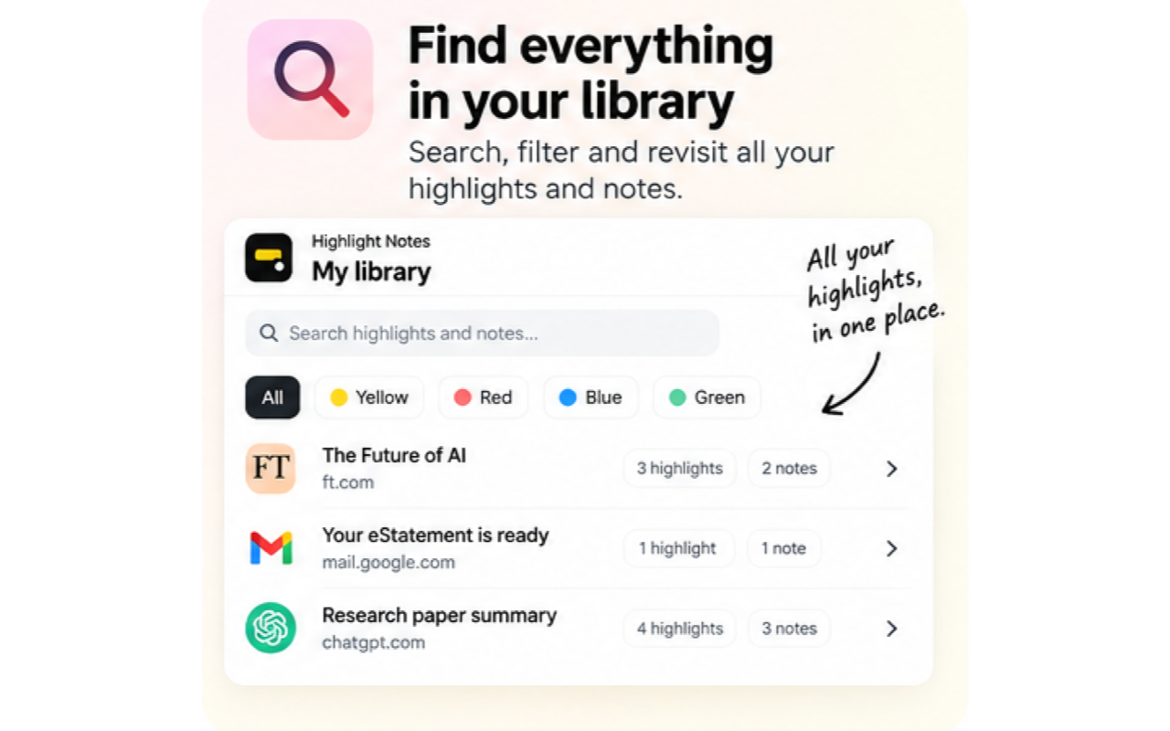 Highlight Notes My library view with searchable highlights and notes
